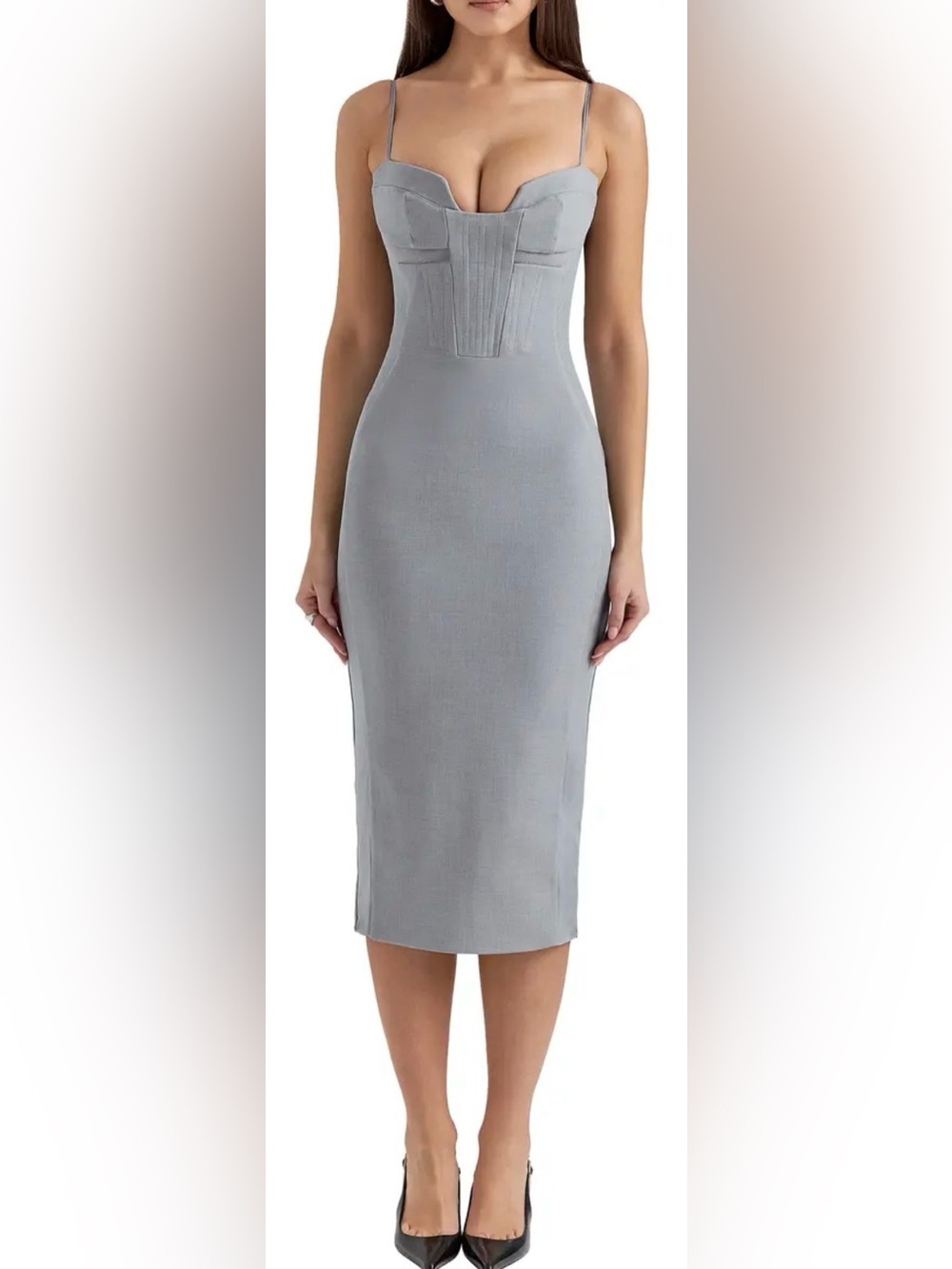 NEW House of CB KIKI Light Grey Mesh Panelled Bodycon Midi Dress sz S